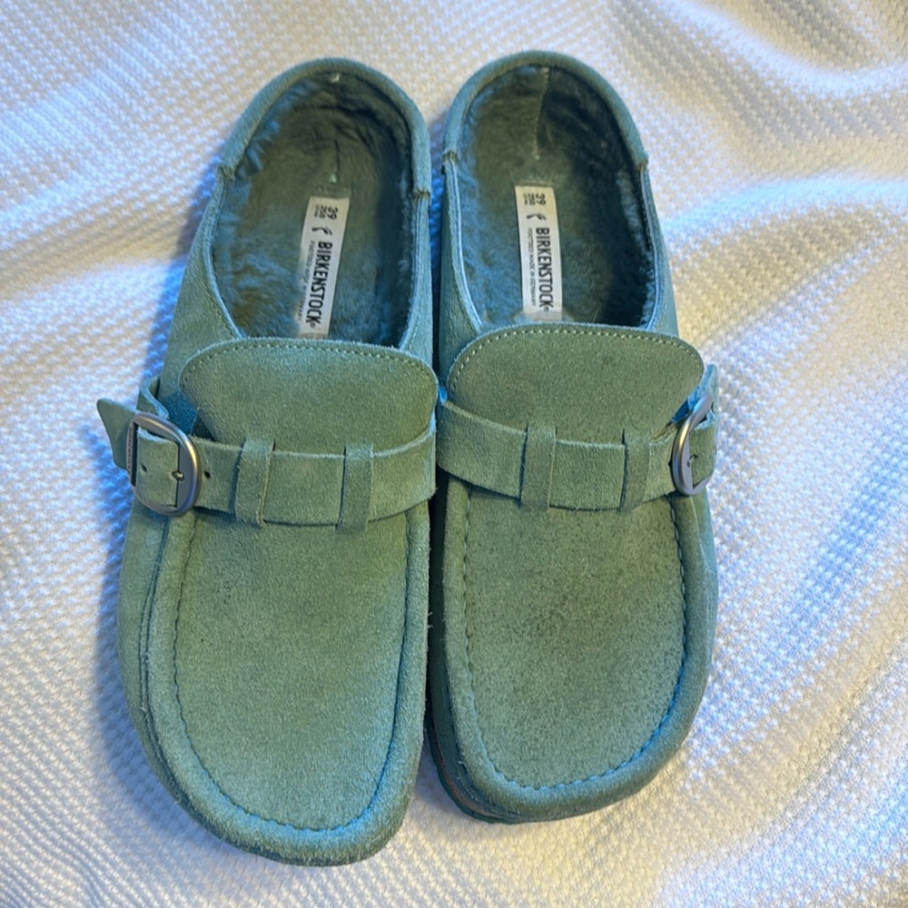Birkenstock Buckley 39 Womens 8 Beryl Green Shearling Moccasin Clog NARROW